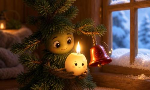 A small egg-shaped candle with a smiling yellow-gold flame and a simple face sits on a green fir branch, the cute conifer with dark needles holding it like hands; a shiny red bell with a tiny engraved smile hangs nearby, powdery snow with glittering crystals rests on a windowsill behind, and the warm, intimate room of light wood and a beige rug is bathed in golden light around the candle, creating a peaceful, cozy Christmas scene with warm tones contrasting the cold snowy background.