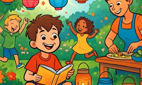A 10-year-old boy named Jamie, with tousled brown hair and sparkling curious eyes, is sitting on a checkered blanket in a lush garden. He smiles enthusiastically while holding an open book on his lap, surrounded by colorful lanterns he made. Next to him, his mother, a woman in her thirties with brown hair in a bun, prepares snacks on a wooden table, displaying a warm and encouraging smile. In the background, Jamie's friends, a boy with blond hair and a girl with curly hair, laugh and dance around the lit lanterns, creating a festive atmosphere. The garden is filled with vibrant flowers and leafy trees under a bright blue sky, with sunlight filtering through the branches. The scene captures the excitement and joy of a summer party, full of laughter, colors, and light.