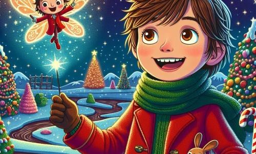 A 9-year-old boy named Oliver, with tousled brown hair and sparkling curious eyes, stands at the center of the scene, a wide smile lighting up his face. He wears a bright red coat, a wool scarf, and gloves, while he gazes in awe at a small shimmering sprite. Next to him, Twinkle, the Christmas Sprite, is a magical creature the size of a rabbit, with shiny butterfly wings and sparkling fur. He joyfully flies around Oliver, leaving a trail of stardust behind. The setting is a fairy-tale landscape of the Christmas Dreamland, with candy cane trees, mountains of sweets, and a starry sky illuminated by the moon. Snowflakes gently fall, adding a touch of magic to the atmosphere. The scene depicts Oliver and Twinkle discovering the beauty of this enchanted world together, with chocolate rivers winding through the landscape and the laughter of elves in the background, creating a joyful and festive ambiance.