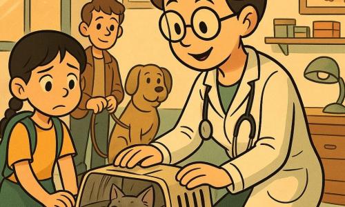 Uma veterinária sorridente porém concentrada, cabelo castanho preso em coque, jaleco branco ligeiramente amassado e óculos redondos, ajoelhada com as mãos sobre uma pequena caixa de transporte aberta enquanto acalma um gato; ela tem expressão suave, olhos grandes e brilhantes, esteto preto em bandoleira e uma lâmpada redonda vintage ao lado. À esquerda, uma menina (Inês, ~10 anos) de cabelo preto em tranças, roupa colorida e mochila grande segura a borda da caixa, com rosto preocupado mas aliviado; ao fundo um rapaz (Samir, ~14 anos) de cabelos curtos e jaqueta simples segura uma trela ao lado de uma grande cadela sentada calmamente e observa com gratidão. O gato (Nilo) é cinza, olhos âmbar, pelo liso um pouco eriçado e rabo pequeno em pânico que começa a relaxar, meio fora da caixa sobre uma manta macia. O interior da clínica é acolhedor com chão claro, pôster de anatomia animal, prateleiras com caixinhas coloridas, balança mecânica vintage e uma grande janela com luz alaranjada; atmosfera de cuidado, benevolência e alívio, paleta em tons quentes (ocre, azul-pálido, verde-sálvia) com contornos pretos marcantes e formas exageradas no estilo cartoon rubber hose.