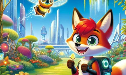 Um jovem raposinho com pelagem ruiva brilhante e olhos cheios de excitação está no centro da imagem, com um grande sorriso no rosto. Ele usa uma pequena mochila futurista e segura uma semente brilhante com as patas dianteiras, pronto para plantá-la. Ao seu lado, um pequeno drone em forma de abelha, com asas translúcidas e luzes piscantes, voa alegremente ao redor, exibindo uma expressão amigável e brincalhona. Ao fundo, um exuberante jardim suspenso se estende, repleto de flores coloridas e árvores com folhas cintilantes, enquanto edifícios futuristas de vidro e metal se erguem majestosos, iluminados por luzes suaves e quentes. A cena mostra o raposinho e o drone preparando uma mini-floresta, cercados por plantas que parecem vibrar de vida, sob um céu azul claro com nuvens leves.