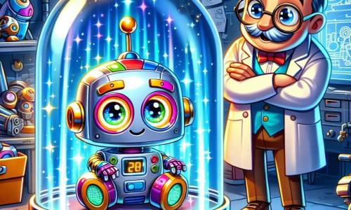 Zipo, um pequeno robô brilhante de metal colorido, com olhos luminosos e uma antena giratória, está sentado em uma cápsula do tempo prateada, com os olhos arregalados de curiosidade e empolgação. Dentro da cápsula, luzes azuis dançam ao seu redor, criando uma atmosfera mágica. O professor Engrenado, um robô maior com braços de tubos e um rosto amigável, está do lado de fora da cápsula, com os braços cruzados e um sorriso encorajador, observando Zipo com orgulho. A cena ocorre na oficina do professor, cheia de ferramentas brilhantes, peças de robôs espalhadas e planos coloridos pendurados nas paredes. Estantes carregadas de livros sobre ciência e engenharia acrescentam um toque de mistério. Zipo, pronto para pressionar o botão da máquina do tempo, sente uma onda de excitação, enquanto faíscas de energia flutuam ao seu redor, simbolizando a aventura que o aguarda.