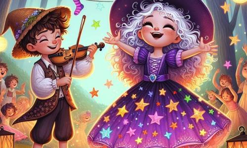 No centro da imagem está Lila, uma jovem aprendiz de bruxa de nove anos, com cabelos cacheados e indomáveis, vestida com um vestido roxo adornado com estrelas cintilantes. Ela exibe um grande sorriso maravilhado, os olhos brilhando de alegria, enquanto observa suas meias coloridas dançando no ar ao seu redor. À sua direita está Tito, um menino de dez anos, com cabelos castanhos bagunçados e um chapéu de palha na cabeça. Ele toca violino mágico, seus dedos deslizando com facilidade nas cordas, criando uma melodia envolvente que faz as meias rodopiarem. Ao fundo, o cenário é uma clareira encantada, cercada por grandes árvores com folhas douradas, onde flores multicoloridas dançam ao ritmo da música. Lanternas flutuantes iluminam a cena, adicionando um toque de magia à atmosfera festiva. A situação principal mostra Lila e Tito celebrando a magia das meias em uma alegre festa, onde risos e música se misturam à dança das meias, criando uma atmosfera cheia de alegria e encanto.