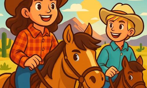 Clara, a young cowgirl with wavy brown hair, wears a cowboy hat and a red plaid shirt, her face shining with determination and excitement. She is riding her horse, Dusty, a golden-brown mustang, with a proud and confident look. Beside her, Jake, a 12-year-old boy with blond hair and sparkling eyes, smiles while holding the reins of his own horse, ready to join her on the adventure. The setting features a vast prairie landscape with rolling hills, scattered cacti, and a bright blue sky dotted with fluffy white clouds. In the distance, majestic mountains rise under a golden sunset, illuminating the scene with warm light. The main situation shows Clara and Jake, ready to search for a new gold vein, their faces lit up with the excitement of the adventure ahead.