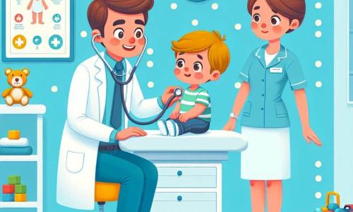 A male doctor, Dr. Sam, smiling and kind, with brown hair and round glasses, is wearing a white coat and a stethoscope around his neck. He is listening to the heart of a little boy, Timmy, about 6 years old, with blonde hair and sparkling eyes, sitting on an examination table, looking worried but curious. In the room, a nurse, a woman around 30 with brown hair in a bun, wearing a blue uniform and holding a thermometer, is ready to help. She stands near the door, observing the scene with a reassuring smile. The setting is a bright and welcoming hospital examination room, with light blue walls, colorful posters about children's health, and toys scattered on a shelf. The main situation shows Dr. Sam carefully examining Timmy, as the little boy opens his mouth wide for the doctor to check his throat, creating an atmosphere of trust and care.