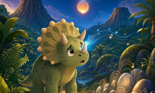 Un joven tricératops llamado Trébol, de piel verde salvia con manchas oscuras, cuerpo algo redondeado, tres cuernos cortos y una cresta beige, mira con ojos grandes y expresión mezcla de curiosidad y ansiedad; su cuerno central vibra emitiendo finas líneas luminosas azuladas y plateadas mientras inclina la cabeza hacia una luz lejana. A la derecha, piedras redondeadas del Valle del Eco brillan y repiten pequeños ondajes sonoros; detrás, una luciérnaga gigante, la Semilla de Estrella, desciende lentamente como una semilla naranja-rosada dejando un rastro de polvo estelar azul pálido. El valle prehistórico está lleno de helechos, hojas grandes, rocas musgosas y dos volcanes dormidos bajo un cielo azul profundo; la iluminación contrapone la fría luz azul de la semilla con los tonos verdes cálidos del paisaje, creando una atmósfera mágica y de aventura inminente.