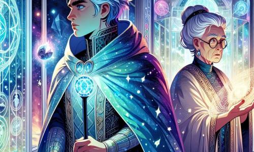 Un hombre llamado Altair, con cabellos plateados flotando como estrellas, lleva una capa azul noche brillante. Su rostro expresa determinación y asombro, mientras sostiene un cetro resplandeciente en su mano. A su lado, la Archimaga Sirene, una mujer mayor con cabello blanco y gafas redondas, observa atentamente una pantalla holográfica, con sus ojos chispeantes de sabiduría. La escena se desarrolla en el corredor principal de la Estación Aurora, donde paredes de cristal transparente dejan entrever estrellas brillantes y nebulosas coloridas. Runas mágicas iluminan el espacio, creando una atmósfera mística y futurista. Altair se encuentra frente a una puerta bifurcada, dudando entre tres caminos luminosos, mientras una sombra amenazante se perfila a lo lejos, amenazando con engullir la estación.