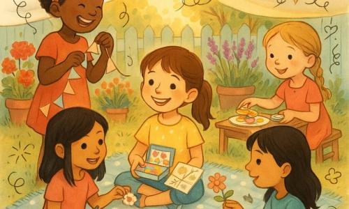 Cuatro niñas de 8 años decoran un pequeño jardín al atardecer bajo una sábana blanca: Sofía, castaña con coleta y vestido azul claro de lunares, sentada en el centro sobre una manta a cuadros, sostiene una cajita de pegatinas y un plano de papel; Clara, morena con cinta roja y camiseta amarilla, de pie a la izquierda, dobla una guirnalda de papel riendo; Maya, de pelo negro y blusa verde, sentada a la derecha sobre un cojín, recorta flores de papel y ofrece una a Ana; Ana, rubia con trenza y vestido rosa, junto a un pequeño plato en la parte trasera derecha, coloca galletas y pega una etiqueta en un tarro. El jardín tiene luz dorada, macetas con geranios rojos y lavanda, una valla de madera azul pálido, guirnaldas colgantes, una mesa pequeña con cuencos y etiquetas y una linterna que proyecta un brillo cálido; la escena es íntima y alegre, con gestos cuidados, colores pastel y texturas visibles.