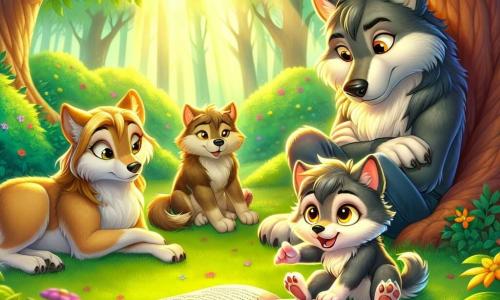 Un pequeño lobo de ojos amarillos brillantes y pelaje gris suave, con una expresión de curiosidad y determinación, se encuentra en el centro de la escena, hojeando un libro antiguo con páginas amarillentas, sentado bajo un gran árbol de hojas verdes brillantes. A su derecha, su mamá, una dulce loba de pelaje marrón claro y ojos cariñosos, observa con una sonrisa cálida, sentada en la hierba, mientras que a su izquierda, su papá, un gran lobo de pelaje oscuro y aspecto imponente, cruza los brazos, mostrando una expresión pensativa, mirando a su hijo con interés. El decorado es un hermoso bosque, lleno de flores coloridas y rayos de sol filtrándose a través de las ramas, creando un ambiente pacífico y acogedor. La situación principal muestra al pequeño lobo compartiendo con su familia las lecciones que ha aprendido sobre la comunicación, rodeado del amor y la escucha de sus padres.