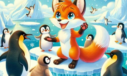 Ein junger Fuchs namens Felix mit leuchtend orangefarbenem Fell und glänzenden Augen drückt Freude und Staunen aus. Er steht auf einem großen Eisberg, die Vorderpfoten erhoben, und schaut fasziniert auf eine Gruppe von Pinguinen, die um ihn herumtanzen. Unter den Pinguinen lächelt ein großer schwarz-weißer Pinguin namens Pingu breit, mit offenen Flügeln als Zeichen der Begrüßung, während ein kleiner, schüchterner Pinguin mit zerzausten Federn sich hinter Pingu versteckt, aber Felix neugierig ansieht. Die Szenerie zeigt eine wunderschöne Eislandschaft mit funkelnden Eisbergen unter der Sonne, sanft schwebenden Schneeflocken in der Luft und einem hellblauen Himmel, der mit flauschigen weißen Wolken übersät ist. Die Hauptsituation zeigt Felix, den Fuchs, der die Schönheit der Antarktis entdeckt und Freundschaft mit den Pinguinen schließt, während sie gemeinsam das Ende ihrer Suche nach dem verlorenen kleinen Pinguin feiern.