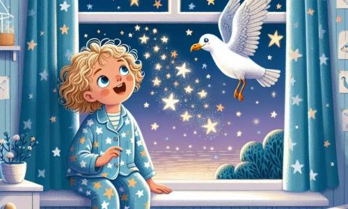 Una bambina di 2 anni, di nome Luna, con capelli ricci e dorati, grandi occhi brillanti e un sorriso meravigliato, è seduta sul davanzale della sua finestra. Indossa un pigiama blu stellato e osserva con fascinazione il cielo notturno, dove stelle scintillanti danzano. Accanto a lei, un gabbiano saggio, con piume bianche e grigie, dal look amichevole e intelligente, plana nell'aria, pronto a parlarle. La scena si svolge nella camera di Luna, una stanza accogliente con pareti dipinte di blu pastello, decorata con disegni di stelle e lune. Una dolce luce di luna filtra dalla finestra, illuminando la stanza di un bagliore argentato. Luna, meravigliata, sta conversando con il gabbiano, che le spiega il segreto delle stelle e dei sogni, mentre le stelle brillano intensamente, creando un'atmosfera magica e sognante attorno a loro.
