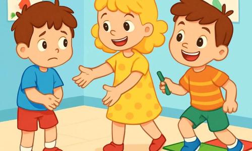 Ci sono 3 personaggi: Marco, un ragazzo di 6 anni con capelli castani disordinati, una maglietta blu e pantaloni corti rossi, che appare esitante; Sofia, una ragazza di 6 anni con capelli biondi ricci, vestita con un abito giallo a pois, sorridente e incoraggiante; e Paolo, un ragazzo di 6 anni con capelli castani e un bastone colorato, pronto a saltare su una mattonella colorata. La scena si svolge in un'aula luminosa con pareti blu chiaro e disegni di bambini, e un tappeto di mattonelle colorate che formano un percorso di gioco. Marco è nervoso ma pronto a saltare, mentre Sofia e Paolo lo incoraggiano, evidenziando il tema dell'amicizia e del coraggio di fronte alle paure.