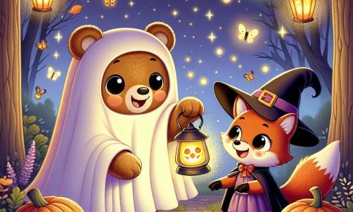 Un grande orso bruno, chiamato Bruno, con un peluche morbido e occhi brillanti di curiosità, indossa un costume da fantasma fatto di un lenzuolo bianco, con due buchi per gli occhi. Sorride gioiosamente, tenendo una lanterna magica che brilla intensamente nella notte di Halloween. Accanto a lui, una piccola volpe rossa, chiamata Lila, vestita da strega con un cappello a punta, guarda la lanterna con meraviglia, i suoi occhi brillano di eccitazione. Il contesto è un bosco incantato, illuminato da lanterne colorate appese agli alberi, foglie dorate cadono delicatamente intorno a loro, e zucche sorridenti sono sparse sul terreno. La scena principale mostra Bruno e Lila, meravigliati, che scoprono una splendida zucca dorata che brilla in mezzo alla radura, circondata da lucciole che danzano nell'aria fresca della notte.