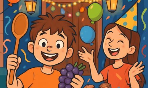 Un niño de 10 años, Nico, con el cabello castaño desordenado y ojos brillantes de alegría, está en el centro de la imagen, sonriendo ampliamente mientras sostiene una gran cuchara de madera en una mano y un racimo de uvas en la otra. A su lado, su hermana Lucía, una niña de 12 años con cabello largo y liso, lleva un sombrero de fiesta y ríe mientras intenta hacer malabares con globos de colores. Al fondo, la entrada de su edificio está decorada con guirnaldas brillantes y globos multicolores, iluminada por farolitos de vidrio que crean un ambiente cálido. La escena muestra una animada fiesta de Año Nuevo, con niños riendo y jugando alrededor de una mesa llena de deliciosos manjares, mientras serpentinas vuelan por el aire, añadiendo un toque festivo a la alegre atmósfera.