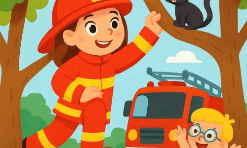 Eine lächelnde Feuerwehrfrau mit einer großen roten Mütze und einer glänzenden Jacke steht stolz neben ihrem großen roten Feuerwehrauto. Ihre Augen strahlen Entschlossenheit und Freude aus, während sie eine kleine schwarze Katze auf einem Ast betrachtet. Ein etwa 5-jähriger Junge mit blonden Haaren und einer Brille steht neben dem Truck, die Arme zum Zeichen der Ermutigung erhoben. Er trägt ein blaues T-Shirt und eine gelbe Shorts und lächelt bewundernd zur Feuerwehrfrau. Der Ort ist ein grüner Park mit großen Bäumen und einem blauen Himmel, der mit weißen Wolken gesprenkelt ist. Der Boden ist mit grünem Gras und bunten Blumen bedeckt, die der Szene Leben verleihen. Die Hauptsituation zeigt die Feuerwehrfrau, die mutig den Baum hinaufklettert, bereit, die miauwende kleine Katze zu retten, während der Junge applaudiert und seine Heldin anfeuert.