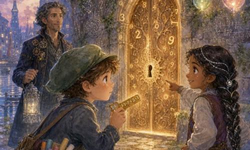 An 8-year-old boy, Milo, anxious but determined, round freckled face, oversized green cloth cap, leather satchel with colored chalks, holding a small brass key engraved with an equation, leaning forward with bright eyes; an ~8-year-old girl, Kiri, confident and mischievous, tan skin, long braid threaded with silver, pointing at the door and smiling, standing to Milo’s right; Professor Talon, ~50, thin silhouette in a dark coat dotted with small golden gears, watching in the background with his hand on a silver lantern; a cobbled courtyard in Port Numeris at dusk with blown-glass floating lanterns on invisible wires, walls painted with equations, worn stone textures, green moss stains and water reflections near a small canal; Milo and Kiri stand before a large carved oak door inscribed with a calculation that emits a soft glow and floating digits—warm science-fantasy atmosphere, pastel contrasts and bright metallic accents, composition centered on the boy’s emotion as he holds the key.