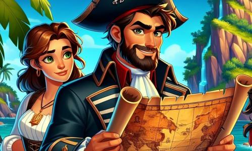 O personagem principal, o Capitão Henrique, é um homem de cerca de trinta anos, com barba marrom e olhos brilhantes de malícia. Ele usa um chapéu de tricorne preto adornado com uma pena vermelha e um longo manto azul, segurando um antigo mapa do tesouro com um sorriso determinado no rosto. Ao seu lado, Marinela, uma jovem de cerca de 25 anos, com cabelos longos e cacheados, vestida com uma blusa branca e calças de couro, examina atentamente o plano, seu rosto concentrado e curioso. Jorge, um homem forte de cerca de quarenta anos, com um grande sorriso e uma camisa listrada, segura firmemente uma corda, pronto para ajudar seu capitão. A cena se passa em uma ilha tropical, com palmeiras verdes, rochas íngremes e uma praia de areia dourada, banhada por águas turquesas brilhantes sob um céu azul radiante. O grupo de piratas descobre uma caverna misteriosa, diante de uma imensa rocha, com o coração acelerado de excitação, enquanto se preparam para entrar em busca do lendário Cristal do Mar.