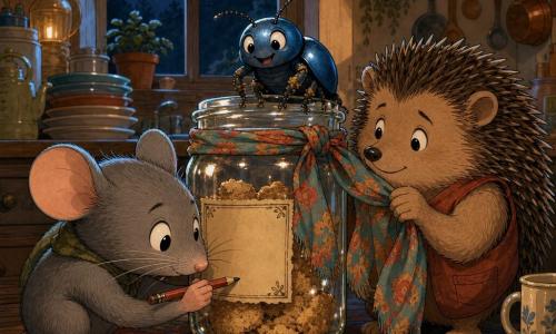 Pip, a small gray mouse with big round eyes and fine whiskers, kneels with a gentle, focused expression writing a handwritten label with a worn pencil; Bramble, a round brown hedgehog with soft quills, stands shy and relieved, holding a colorful strip of fabric like a scarf to wrap the jar; Clink, a tiny metallic blue beetle, perches on the jar’s rim, proud and joyful with biscuit crumbs on his legs, looking at his friends. The large glass jar sits on a wooden countertop, decorated with a handmade label and tied scarf, the kitchen light reflecting softly on the glass; the warm, slightly messy background shows light wood counters, stacked dishes, a patterned rug under their paws and moonlight through the window casting long soft shadows. Main scene: three friends lovingly transform an empty jar into a “worry jar,” tender gestures and calm expressions, composition centered on the jar and close faces. Graphic style: clear lines, warm saturated colors, pencil and light watercolor textures, soft contrasting light for a comforting nighttime mood.