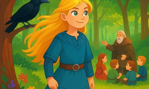 Sigrun, o fată vikingă de aproximativ 12 ani, stă la marginea unei păduri dese, cu părul ei lung și auriu fluturând în vânt. Poartă o tunică din lână albastră, împodobită cu motive nordice, iar fața ei exprimă o determinare strălucitoare, cu ochii ca stelele. La picioarele ei, flori sălbatice colorate răsar din iarba umedă, adăugând viață scenei. Aproape, un corb bătrân cu pene negre și strălucitoare, așezat pe o ramură, o observă cu curiozitate. Mai departe, un bărbat în vârstă, cu fața brăzdată de riduri, îmbrăcat într-o pelerină din blană, povestește o legendă unui grup de copii fascinați. Locul este o poiană magică, înconjurată de copaci măreți, cu trunchiuri groase și frunze verzi strălucitoare, iar razele soarelui filtrează printre ramuri, creând modele de lumină dansante pe sol. În această scenă, Sigrun ezită între a se aventura în pădurea misterioasă pentru a căuta comoara legendară sau a se întoarce în sat pentru a ajuta la pregătirea sărbătorii luminii, inima ei bătând de emoție și curiozitate.