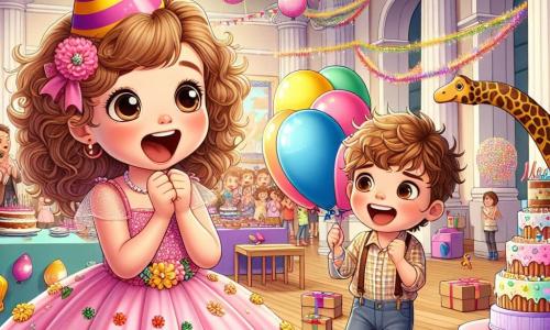 Una bambina di 4 anni, Sofia, con grandi occhi brillanti e capelli ricci castani, sorride meravigliata scoprendo una festa di compleanno a sorpresa. Indossa un bel vestito rosa con motivi floreali e un piccolo cappello colorato. Accanto a lei, il suo amico Marco, un ragazzo di 5 anni, ha capelli biondi disordinati e indossa una maglietta blu con un dinosauro. Salta di gioia tenendo un palloncino multicolore, il suo viso splendente di felicità. La scena si svolge in una sala museo decorata con palloncini colorati e festoni scintillanti, con un grande tavolo al centro carico di torte, caramelle e piccoli regali. Dinosauri di cartone sono disposti intorno, aggiungendo un tocco ludico all'atmosfera festiva. Sofia, sorpresa e felice, scopre la festa di compleanno che i suoi amici hanno organizzato per lei, circondata da risate e canti gioiosi, mentre tutti si preparano a celebrare insieme questo momento speciale.