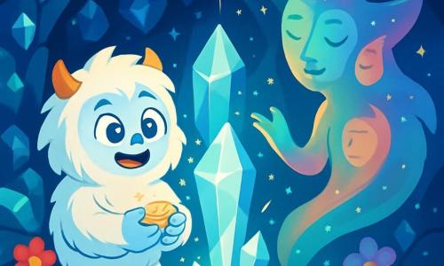 Mały yeti o imieniu Tashi, z białym futrem jak śnieg i błyszczącymi z ciekawości oczami, stoi w centrum sceny, wzruszony i zachwycony, trzymając w łapkach złotą brokatową ozdobę. Po jego prawej stronie Yama, tajemniczy duch lasu, pojawia się w postaci eterycznej sylwetki, z zmieniającymi się twarzami i migoczącymi kolorami, delikatnie unosząc się w powietrzu. Scena rozgrywa się w magicznej jaskini, gdzie błyszczące kamienie szlachetne w odcieniach niebieskiego, zielonego i fioletowego oświetlają ściany groty. Wokół nich rosną śpiewające kwiaty w jaskrawych kolorach, dodając życia temu czarującemu miejscu. Tashi i Yama stoją przed dużym, błyszczącym kryształem, podczas gdy iskry światła tańczą wokół nich, symbolizując magię, która ich otacza. Odkrywają starożytny sekret, gotowi ujawnić tajemnice swojej przeszłości.