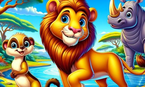 A young lion with a vibrant golden coat and bright, curious eyes stands proudly by a sparkling river, his expression a mix of determination and hope. Next to him, a small light brown mongoose with mischievous eyes jumps with excitement, while a robust rhinoceros with large horns and gray skin stands in the background, watching with a kind smile. The setting is a vibrant savannah dotted with tall grasses and majestic baobabs under a bright blue sky with fluffy white clouds. The scene depicts the lion and his friends united, ready to work together to restore the river's course, symbolizing friendship and cooperation.