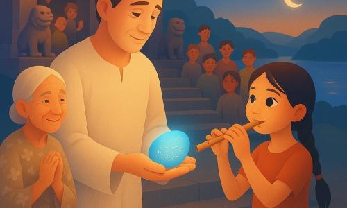 The central figure is Suren, a gentle, serene-faced man with worry-lined eyes, wearing a creased cream linen robe and worn sandals, holding a pale blue glowing pebble engraved with tiny gold letters and offering it to the crowd; to his right stands Mei, a ~10-year-old girl with braided black hair playing a reed flute and gazing at the pebble in wonder from the temple step, and to his left is Lila, an elderly woman (~65) with parchment-like wrinkled skin and a jasmine-patterned dress, smiling benevolently with hands clasped as if blessing the moment. Behind them villagers of all ages pass the pebble hand to hand with joyful, attentive expressions and slow, respectful gestures. The setting is the forecourt of a small stone hilltop temple—worn wide steps, two mossy stone lions, red silk banners, orange paper lanterns drifting in the breeze, and a moonlit river below. The scene focuses on sharing the pebble of truth: the pebble’s soft light contrasting with the warm glow of lanterns, faces lit by both sources, an intimate, solemn atmosphere with warm colors and tactile textures (rough stone, polished wood, creased fabric).