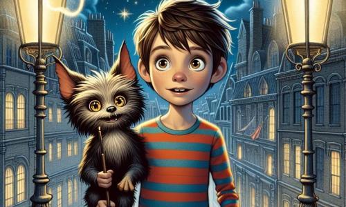 In the center of the image, a 12-year-old boy named Henry, with messy brown hair and sparkling curious eyes, stands on the roof of a building, a look of wonder on his face. He wears a colorful striped shirt and canvas pants as he gazes at the starry sky, ready to light a firework. Beside him, Whisk, a small fetchling with fur as black as night and twinkling eyes, perches on Henry's shoulder, displaying a mischievous and enthusiastic expression. He seems eager, ready to encourage his friend in this magical adventure. In the background, the city is illuminated by wrought-iron streetlights casting a soft glow on the cobblestones. Majestic old buildings, adorned with fantastic architectural details, stand tall while shadows dance in the alleys, reflecting the magic in the air. The scene depicts Henry and Whisk about to light a colorful firework, illuminating the night sky as threatening shadows retreat, symbolizing the victory of light over darkness.