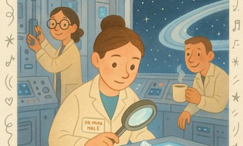 Dr. Mira Hale, an adult woman with a gentle, focused face, bright curious eyes and brown hair in a practical bun, studies a small ice sample under a lab magnifier with a serene, studious posture; Lina, about 30, with ink- and grease-stained hands and round glasses, smiles while adjusting an instrument slightly behind and left of Mira; Sam, about 34, with a jovial expression and short hair, stands to the right leaning on a console, holding a steaming cup of tea and watching a rhythmically blinking signal on the screen. The setting is a glass-and-metal space station lab with silver surfaces, blue light panels, microscopes and shining vials, large windows revealing a distant ring of ice and starry sky, warm lamps casting soft shadows. The team listens to a regular signal coming from the ice as console lights blink in time; the mood is calm and wondrous, pastel tones with silver and blue highlights, a cheerful, benevolent style with small musical-note doodles around the signal.