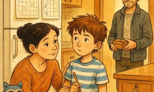 An 8-year-old boy named Max, thoughtful yet reassured, messy brown hair, blue-and-white striped t-shirt, holding a pencil and looking at two magnetic calendars on a white fridge; a ~35-year-old mother with a gentle face, warm tired eyes and black hair in a bun kneels to his left with a protective hand on his shoulder; a ~36-year-old father with a tender, slightly sad smile, light stubble and casual jacket stands in the doorway to the right holding a small snack box; a bright, ordinary kitchen with a light wood countertop, a hanging dish towel and stacked boxes in the background; the two paper calendars show blue stars and green circles with colorful magnets and childlike handwriting notes; the central composition emphasizes the family in transition, calm atmosphere, soft gestures and personal items like a 
