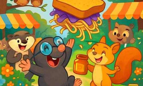 Monty, a small mole with shiny round glasses, is at the center of the image, his eyes wide with excitement and a big smile on his face. He is joyfully dancing, his paws in the air, surrounded by a massive, wobbling, colorful sandwich made of glowing bread, purple jelly, and spaghetti noodles. To his right, Penny, a golden-furred squirrel with a fluffy tail, jumps for joy, her eyes sparkling with happiness. She holds a jar of honey, ready to add it to the sandwich. Behind them, a group of animals, including Barry the badger with his brown fur and mischievous eyes, applauds and laughs, while twin owls perched on a branch watch the scene with amused expressions. The setting is the bustling square of Burrowville, filled with colorful flowers, decorated stalls, and many animals gathered around a large wooden table where the challenge is taking place. The main scene shows Monty and his friends creating the tallest and craziest sandwich in the world, with wobbling layers, bursts of laughter, and a festive atmosphere filling the air.