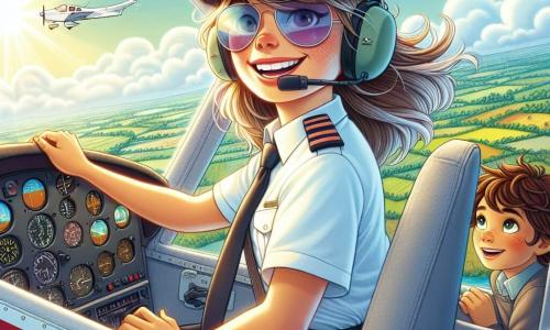Ana, o tânără pilotă de aproximativ 25 de ani, se află în cockpitul avionului ei mic alb cu dungi roșii, având un zâmbet larg de entuziasm și determinare. Poartă ochelari de soare și o șapcă de aviator, iar părul ei castaniu flutură ușor în vânt. Lângă ea, un băiat de 10 ani pe nume Alex, cu părul brun și ochii strălucitori, observă atent instrumentele de zbor, având un aer admirativ și curios. Cerul este de un albastru strălucitor, presărat cu câteva nori albi, iar dedesubt se vede un peisaj de coline verzi și câmpuri colorate. Scena se desfășoară la o altitudine mare, deasupra norilor, unde lumina soarelui creează un curcubeu splendid. Ana manevrează cu abilitate avionul printr-o ușoară turbulență, cu nori întunecați în fundal, simbolizând o furtună iminentă, dar rămâne concentrată și încrezătoare, pregătită să depășească orice obstacol.