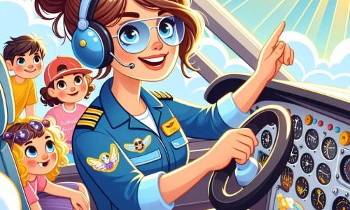 Pilotka Ania jest w kokpicie swojego kolorowego samolotu, z brązowymi włosami związanymi w kok, w jaskrawo niebieskim kombinezonie i okularach przeciwsłonecznych. Uśmiecha się szeroko, pełna ekscytacji i determinacji, pewnie trzymając ster. Obok niej znajduje się grupa czterech dzieci, dwóch chłopców i dwie dziewczynki, w wieku około 8-10 lat, które z zachwytem patrzą przez okna. Pierwsza dziewczynka ma blond włosy i różową koszulkę, a drugi chłopiec ma brązowe włosy i czerwoną czapkę, oboje zafascynowani widokiem. Druga dziewczynka, z kręconymi włosami i żółtą sukienką, wskazuje na chmury, podczas gdy ostatni chłopiec, w okularach, robi notatki w małym notesie. Miejsce akcji znajduje się w niebie, otoczone białymi, puszystymi chmurami, z jasnoniebieskim niebem w tle. Promienie słońca przebijają się przez chmury, oświetlając scenę złotym światłem. Główna sytuacja pokazuje Anię i dzieci w trakcie lotu, Ania tłumacząc, jak pilotować samolot, zręcznie nawigując wokół ciemnych chmur zapowiadających burzę, tworząc moment nauki i przygody.