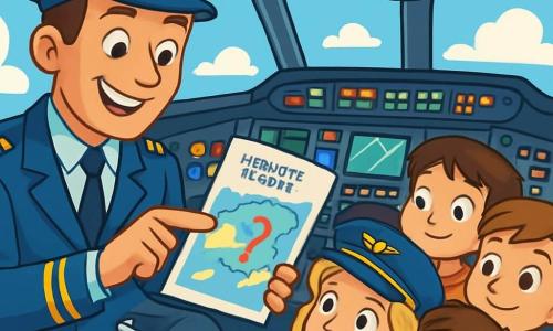 Un bărbat, căpitanul Vlad, stă în cabina de pilotaj a unui avion, zâmbind cu mândrie. Poartă o uniformă albastră strălucitoare cu epauleți aurii. Părul său brun este bine aranjat, iar ochii îi strălucesc de entuziasm. El le arată copiilor harta de zbor, indicând o destinație misterioasă. Lângă el, un grup de patru copii, două fete și doi băieți, cu vârste între 8 și 10 ani, privesc fascinați. Fata cu părul blond și creț, purtând o șapcă de pilot, ridică mâna să pună o întrebare. Băiatul cu ochelari, îmbrăcat în tricou roșu, ține un model mic de avion, în timp ce ceilalți doi copii ascultă cu atenție. Cabina de pilotaj este plină de butoane colorate și ecrane luminoase, având o vedere panoramică asupra cerului albastru. Norii albi plutesc sub avion, creând un peisaj magic. Căpitanul Vlad explică cu entuziasm cum funcționează avionul, iar copiii visează să devină piloți într-o zi.