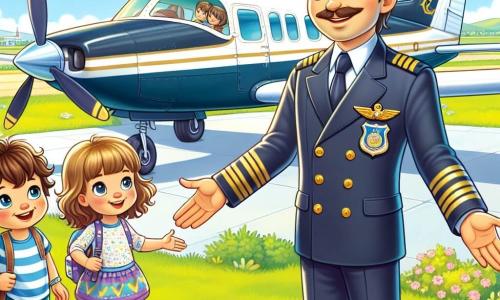 Personajul principal este un bărbat, căpitanul Andrei, un pilot zâmbitor cu părul brun și o mustață subțire. El poartă o uniformă de pilot bleu marin cu insigne aurii și stă lângă avionul său Cessna, cu brațele deschise, pregătit să primească copii pentru o aventură în ceruri. Printre personajele secundare se află Maria, o fetiță de 8 ani cu părul ondulat și o rochie colorată, care privește cu uimire avionul, cu ochii strălucind de entuziasm. Lângă ea se află Mihai, un băiat de 9 ani purtând o șapcă mare și un tricou cu dungi, care arată spre avion exclamând de bucurie. Scena se desfășoară pe un aeroport însorit, cu o pistă de aterizare vizibilă în fundal, înconjurată de câmpuri verzi și un cer albastru presărat cu câteva nori albi pufoși. Situația principală arată momentul în care căpitanul Andrei le explică copiilor cum funcționează avionul, în timp ce se pregătesc să urce la bord pentru prima lor experiență de zbor, plini de entuziasm și curiozitate.