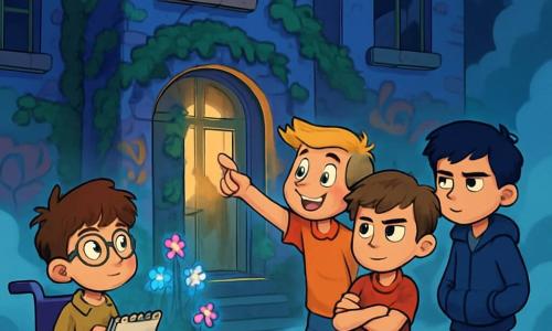 Er zijn 4 kinderen: - Viktor: Een 10-jarig jongetje met rommelig bruin haar en een bril met ronde glazen. Hij zit in een rolstoel, houdt een schetsboek vast en kijkt nieuwsgierig om zich heen. - Max: Een 11-jarig jongetje met kort blond haar en een ondeugende glimlach. Hij staat naast Viktor en wijst enthousiast naar een mysterieus gebouw. - Sam: Een 10-jarig jongetje met kastanjebruin haar en sprankelende ogen. Hij staat iets naar voren met gekruiste armen en een vastberaden uitdrukking. - Lenny: Een 10-jarig jongetje met zwart haar en een sceptische blik. Hij staat op de achtergrond met zijn handen in zijn zakken en observeert aandachtig de scène. De locatie is een oud, verlaten gebouw, omringd door een dichte mysterieuze mist. De muren zijn bedekt met groene klimop en kleurrijke graffiti, terwijl gebroken ramen een sprankelend licht van binnenuit laten zien. Vreemde, lichtgevende bloemen groeien rond de ingang en voegen een vleugje magie aan de sfeer toe. De belangrijkste situatie toont de kinderen die voor de deur van het gebouw staan, klaar om naar binnen te gaan. De mist draait om hen heen en creëert een intrigerende en licht verontrustende sfeer. De kinderen wisselen vastberaden blikken uit, klaar om de geheimen die binnen verborgen zijn te ontdekken.