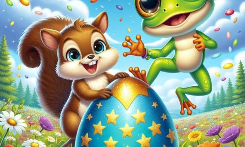 Un renacuajo aventurero llamado Ramón, con una piel verde brillante y grandes ojos curiosos, salta de alegría en medio de un campo de flores coloridas, sosteniendo un huevo de Pascua azul decorado con estrellas doradas. A su lado, una pequeña ardilla llamada Sofía, con pelaje marrón y una cola esponjosa, sonríe con entusiasmo señalando un gran huevo dorado brillante en el centro del campo. El lugar es un hermoso campo de flores, lleno de margaritas blancas y amapolas rojas, bajo un cielo azul claro salpicado de nubes esponjosas. La situación principal muestra a Ramón y Sofía descubriendo juntos el gran huevo de Pascua dorado, rodeados de confeti colorido que cae suavemente a su alrededor, creando un ambiente festivo y alegre.