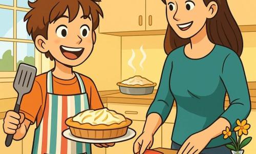 Un niño de 10 años, Lucas, con cabello castaño desordenado y ojos brillantes de alegría, está de pie en una cocina luminosa. Lleva un gran delantal a rayas que casi le llega a las rodillas, y su rostro expresa una emoción contagiosa mientras sostiene una espátula en una mano y un plato de pastel en la otra. A su lado, su mamá, una mujer de unos treinta años con cabello largo y castaño, sonríe cálidamente mientras decora la mesa con servilletas coloridas y flores. En el fondo, se puede ver un horno abierto, dejando escapar un dulce aroma a limón y merengue. La cocina es espaciosa, con paredes pintadas de amarillo pastel, una gran encimera de madera y ventanas que dejan entrar la luz del sol, iluminando la escena con un ambiente alegre y festivo. Lucas, con una expresión de orgullo y anticipación, se prepara para sorprender a su papá con un pastel casero para el Día del Padre, mientras su mamá lo anima con una mirada cómplice.