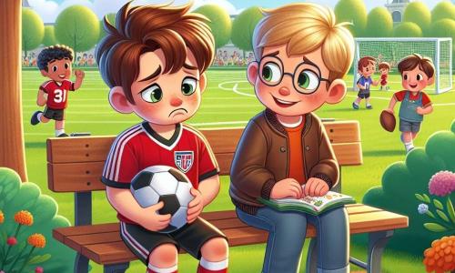 Un ragazzo di circa 10 anni, Luca, è seduto su una panchina del parco con un'espressione triste. Ha i capelli castani disordinati, indossa una maglietta da calcio rossa e pantaloni corti neri, e tiene un pallone da calcio tra le mani, guardando il suolo con malinconia. Accanto a lui, un altro ragazzo, Marco, di 9 anni, con capelli biondi e occhiali, è in piedi, sorridente e curioso, con le mani sui fianchi, pronto ad ascoltare Luca. Il parco è verdeggiante, con alberi, fiori colorati e un campo da calcio in lontananza, dove altri bambini giocano felici. La scena si svolge sotto un cielo blu chiaro in una bella giornata di sole. Luca, triste, condivide la sua passione per il calcio con Marco, che lo ascolta attentamente, pronto a imparare e divertirsi.