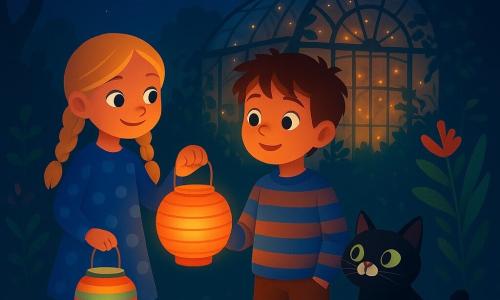 Dziesięcioletni Jaśek o brązowych, potarganych włosach i oczach pełnych ciekawości trzyma mały papierowy lampion, który delikatnie się świeci. Ma na sobie pasiasty sweter i sztruksowe spodnie, a jego wyraz twarzy jest pełen zachwytu. Obok niego czarny kot z białą plamką na nosie ociera się o jego nogi, a jego zielone oczy wpatrują się w lampion. Dziewięcioletnia dziewczynka z blond warkoczami i figlarnym uśmiechem trzyma drugi kolorowy lampion, stojąc po lewej stronie Jaśka. Ma na sobie sukienkę w kropki i kalosze. W tle wznosi się majestatycznie stara szklana oranżeria, oświetlona małymi migoczącymi światłami, otoczona pnączami i egzotycznymi kwiatami. Scena rozgrywa się podczas magicznej nocy Halloween, gdzie lampiony oświetlają drogę, a cienie tańczą wokół dzieci, tworząc atmosferę tajemnicy i odkrywania.