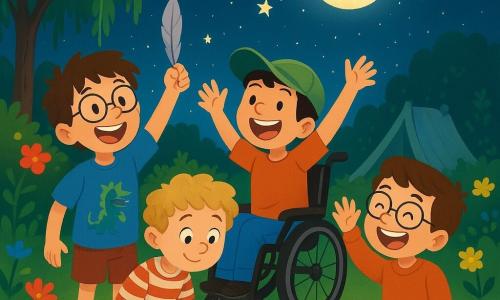 Ci sono quattro bambini: Leo, un ragazzo di 9 anni con capelli castani disordinati e occhiali rotondi, indossa una maglietta blu con un drago disegnato e tiene in mano una penna di piccione, sorridendo con entusiasmo. Mattia, un ragazzo di 8 anni con capelli biondi e ricci, indossa un pantaloncino rosso e una maglietta a righe, è accovacciato e guarda una piccola formica con curiosità. Tommy, un ragazzo di 9 anni in sedia a rotelle, ha capelli neri e un cappellino verde, ride felice mentre tiene un tubo di cartone come una spada. Gabriele, un ragazzo di 8 anni con capelli castani e occhiali, indossa un maglione arancione, è seduto sull'erba circondato da calzini spaiati e racconta una barzelletta con un grande sorriso. La scena si svolge in un giardino lussureggiante, pieno di fiori colorati e alberi maestosi, con un vecchio salice piangente che offre un'ombra dolce e una cabana invisibile fatta di tubi di cartone e calzini nascosta dietro di lui, scintillante sotto la luce della luna. I quattro amici si abbracciano ridendo mentre guardano la luna brillante nel cielo stellato, circondati da scintille di stelle che creano un'atmosfera magica e gioiosa.