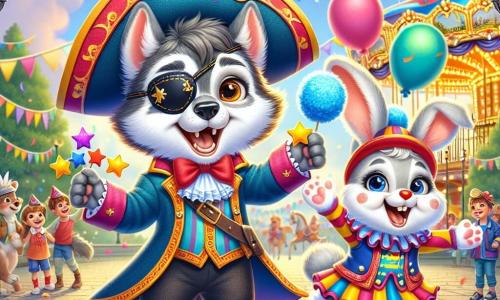 Ilustración de un pequeño lobo masculino vestido con un colorido traje de pirata, un gran sombrero y un parche en el ojo. Sonríe alegremente y tiene ojos chispeantes de emoción, sosteniendo tres estrellas brillantes en sus patas. A su lado, un pequeño conejo masculino con pelaje blanco y grandes orejas lleva un traje de payaso de colores vivos y una nariz roja. Sonríe ampliamente, saltando de alegría mientras sostiene un gran trozo de algodón de azúcar azul. En el fondo, el parque está lleno de decoraciones de carnaval: globos de colores flotan en el cielo, guirnaldas de luces brillan alrededor de los árboles y un gran carrusel gira suavemente, iluminado por farolitos. La escena principal muestra al pequeño lobo celebrando su victoria en el concurso de disfraces, rodeado de amigos, en un ambiente festivo y alegre. Confeti vuela por el aire y los niños ríen y bailan a su alrededor, creando una atmósfera mágica y colorida.