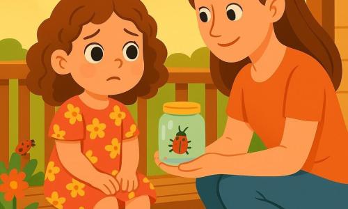 A 4-year-old girl with big bright eyes and curly hair is sitting on a wooden porch. She wears colorful striped socks and a floral dress, her face showing slight worry but also curiosity. Next to her, her mother, a woman in her thirties with long straight hair, is crouching down, gently smiling at her while showing a small paper insect in a jar. The porch is surrounded by colorful flowers and green grass, bathed in the golden light of the setting sun. The scene exudes a peaceful and warm atmosphere. The little girl watches a small red ladybug walking on the railing, her heart racing a bit faster, but she focuses on her breathing, ready to overcome her fear.
