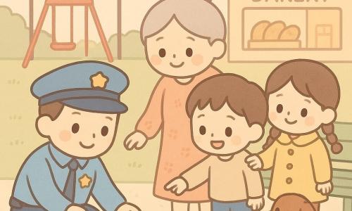 A kind smiling policeman kneels in a soft pastel blue coat and cap, reaching for a small toy car under a leaf while a tearful-to-happy four-year-old boy with short brown hair points at it; behind them Mrs. Li, an elderly woman with gray hair in a bun and a floral dress, gently rests a hand on the boy’s shoulder; nearby six-year-old Hana with two braids and a yellow coat holds her mother’s hand and watches from a green-painted bench where a small short-haired brown dog sits wagging its tail; the neighborhood park at dusk has light gravel paths, a red swing, round lampposts casting warm light, and a bakery storefront in the background; the scene is centered, comforting, with simple rounded shapes and light pastel colors.