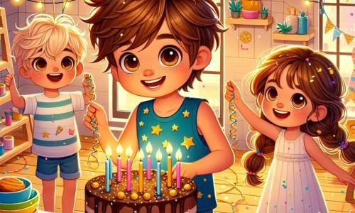 Um garoto de 8 anos, Tomás, com cabelos castanhos bagunçados e olhos brilhantes de alegria, usa uma camiseta azul decorada com pequenos foguetes coloridos. Ele sorri amplamente, com as bochechas rosadas de excitação, enquanto decora uma grande mesa com confetes em forma de estrelas douradas. Ao lado dele, Lucas, um garoto de 8 anos com cabelos loiros e óculos redondos, se dedica a pendurar balões coloridos nas paredes, enquanto Sofia, uma menina de 8 anos com tranças castanhas e um vestido rosa, dança alegremente segurando fitas brilhantes. A cena ocorre em uma sala aconchegante, iluminada por luzes de pisca-pisca, com uma grande mesa coberta por uma toalha branca e pratos coloridos, onde se vê um bolo de chocolate decorado com velas. Tomás, Lucas e Sofia estão juntos, preparando a festa de Ano Novo, cheios de energia e risadas, prontos para receber os amigos e celebrar a nova ano com desejos e surpresas.