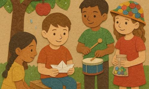 A 10-year-old boy with a calm, focused smile, short brown hair and flour-dusted fingers holds a small folded white paper boat, sitting on a low wooden crate under an apple tree; to his right stands 9-year-old Lina in a colorful hat filled with marbles, holding a pouch of shiny marbles; slightly behind him is Mateo, about 10, tanned, tapping a rhythm on a paint-can drum; to his left Noor, about 9 with braided hair, strokes polished pebbles lined on a blanket; suburban garden collage with a large checked blanket, textured green paper foliage, paper bunting, chipped cups and a strawberry cake on a paper plate; a calm, joyful moment after a minute of silence—children listening and smiling, small objects glittering (raindrops on leaves, shiny marbles, pebble reflections), soft warm pastel colors and obvious paper textures.