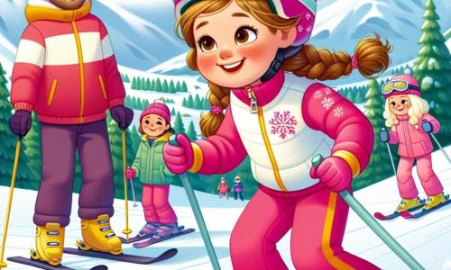In the foreground, a 12-year-old girl, Lily, with brown hair in braids, wears a bright pink ski suit and a yellow helmet. Her face shows radiant joy and palpable determination as she speeds down a snowy slope, her skis gliding effortlessly over the sparkling snow. Next to her, her best friend Mia, also 12, has blonde hair in a ponytail and wears a blue ski suit. She smiles widely, encouraging Lily while getting ready to follow her down the slope. In the background, the famous ski champion Max, a man in his thirties with brown hair and a light beard, watches with a kind smile, ready to offer advice. He wears a bright red jacket and stands at the side of the slope, surrounded by admiring spectators. The setting is a beautiful ski resort, with majestic snow-covered mountains, green fir trees emerging from the bright white, and a clear blue sky dotted with fluffy white clouds. The main scene shows Lily and Mia enthusiastically launching down the slope, ready to take on the ski race challenge, while the crowd cheers and the tension of the competition hangs in the air.