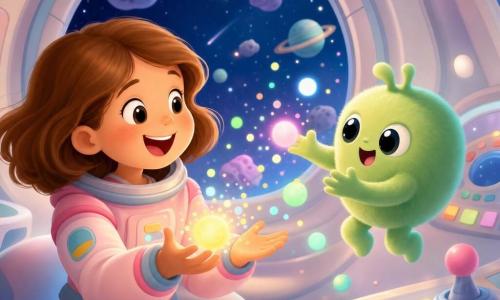Stella, giovane donna sorridente dai capelli castani e occhi brillanti, indossa una tuta spaziale rosa pallido e tiene una piccola sfera di luce che scoppietta tra le mani; accanto a lei Pip, un piccolo extraterrestre verde, rotondo e peloso con grandi occhi neri e tre dita, lancia un'altra sfera fluttuando all'altezza di Stella. La navetta Bip-bip è visibile dall'interno con un cruscotto semplice e un grande oblò che mostra un cielo stellato con asteroidi morbidi e pianeti pastello. Situazione: i due amici giocano a lanciare sfere di luce multicolori che esplodono in coriandoli luminosi; atmosfera gioiosa e rassicurante, luce morbida, forme tonde e palette pastello.