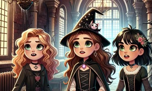 Drie meisjes van 10 jaar staan samen in een oude spookschool. Emma, met lange bruine haren en een nieuwsgierige glimlach, draagt een zwarte heksenkostuum versierd met glinsterende sterren. Links van haar staat Lisa, een meisje met krullend blond haar, verkleed als vampier met scherpe tanden en een rode cape. Rechts staat Noor, met zwart haar en een groene heksenjurk, die vol verwondering kijkt. Het interieur van de school is donker en mysterieus, met oude bakstenen muren, spinnenwebben in de hoeken van het plafond en smeedijzeren kroonluchters die in de duisternis flikkeren. Een zacht licht komt van een op een kier staande deur aan het einde van een stoffige gang. De meisjes ontdekken een oud boek over magie in een verlaten klaslokaal en zijn klaar om magische uitdagingen aan te gaan om het geheim van de school te onthullen, hun gezichten verlicht door opwinding en avontuur.