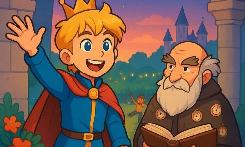 A prince named Emory, a young boy with golden hair like wheat and bright eyes like stars, stands on a stone balcony. His face expresses determination and joy as he raises his hand to announce the time with a radiant smile. Beside him, Master Tock, an elderly man with pine cone-shaped eyebrows and a coat adorned with small clocks, observes proudly, holding a large book of time. The balcony is decorated with colorful flowers and overlooks a vast garden illuminated by the soft light of dusk, where children laugh and dance below. The scene is filled with vibrant colors, sparkling light garlands, and soft shadows dancing on the castle walls. The main situation shows the prince ready to ring the bell for the Harvest Festival, a moment of joy and excitement, as the entire court eagerly awaits his announcement.